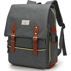 Stylish Gray Canvas Backpack with Brown Accents